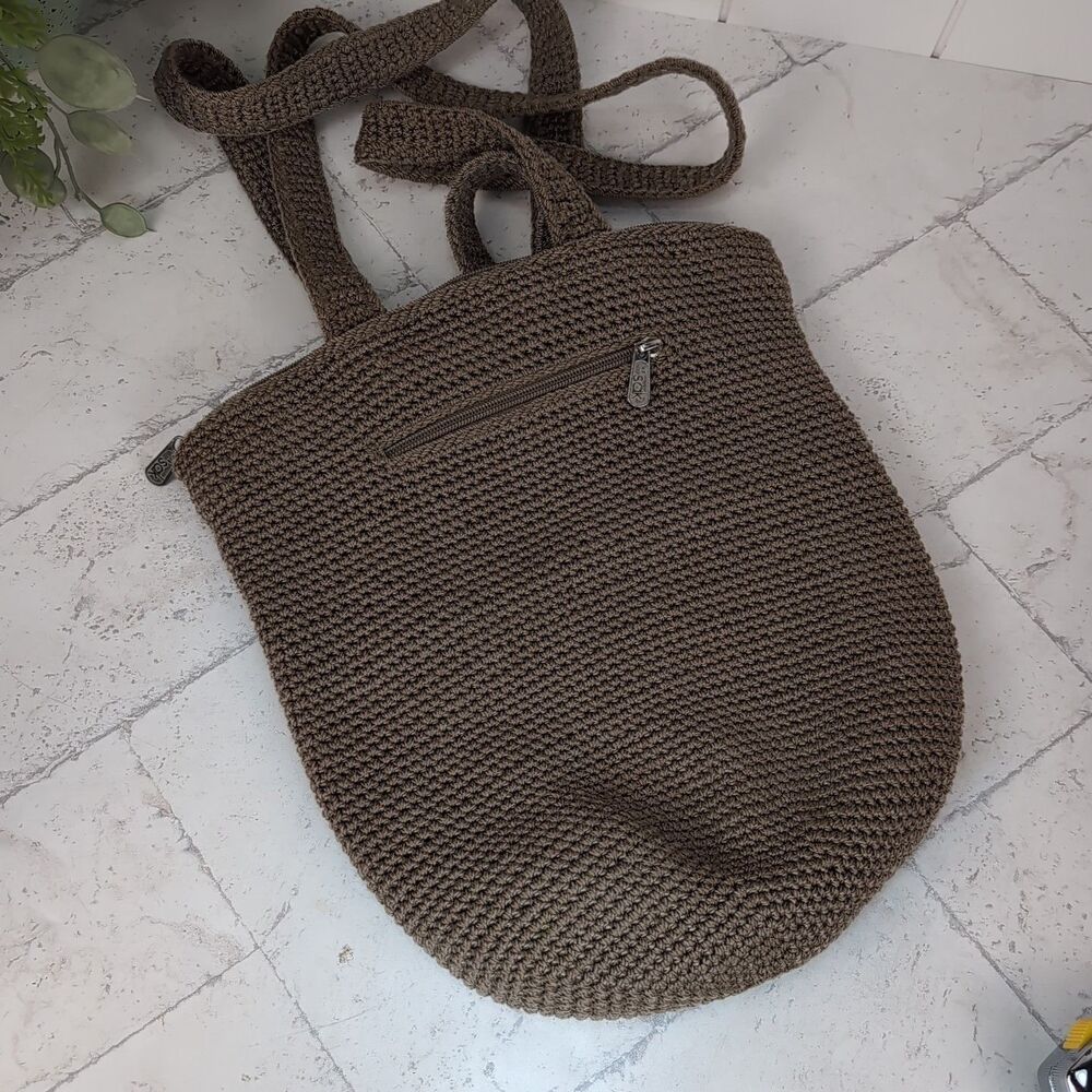 The SAK Lumi Hand Crochet Boho Shoulder Bucket Handbag Purse Tote Taupe Brown - Picture 7 of 11